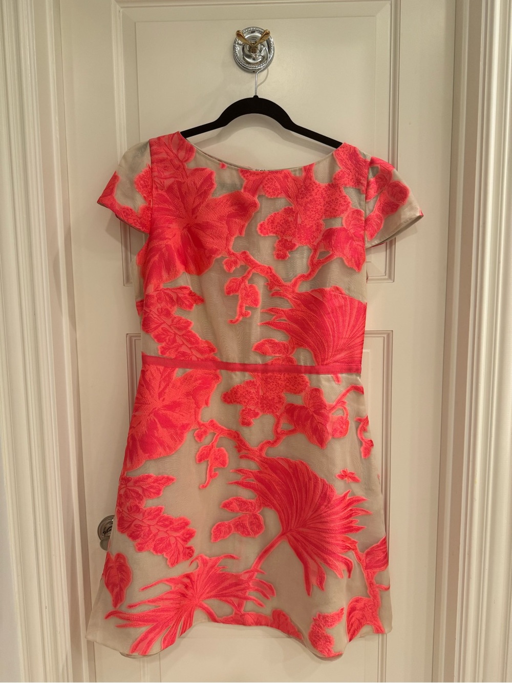 Blumarine Short-Sleeve Mini Dress in Coral Floral on Cream